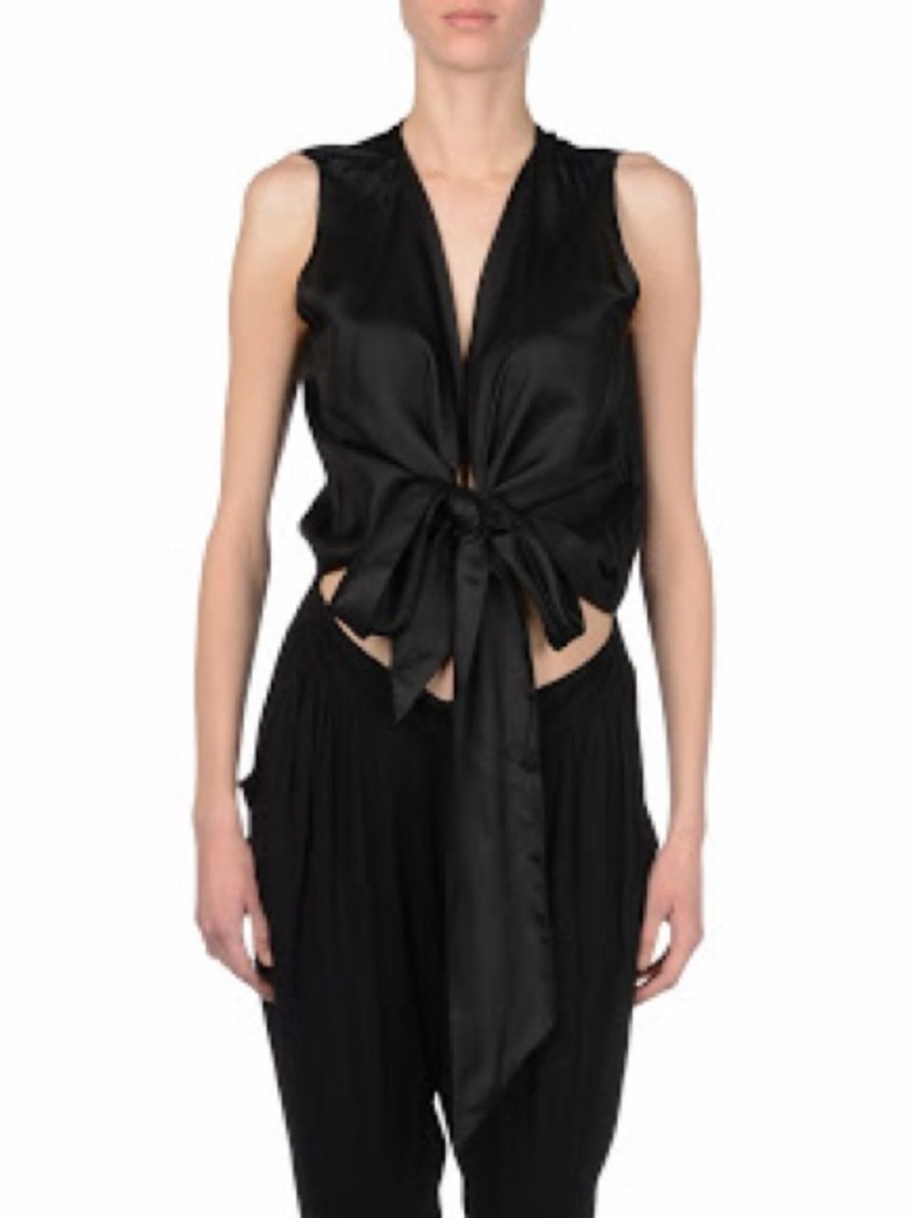 Sleeveless Black Satin Tie-Front Blouse
